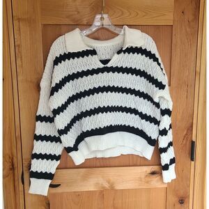 Handmade Hand Knit Sailor Breton Stripe Pullover Sweater Collar XL Closet Staple